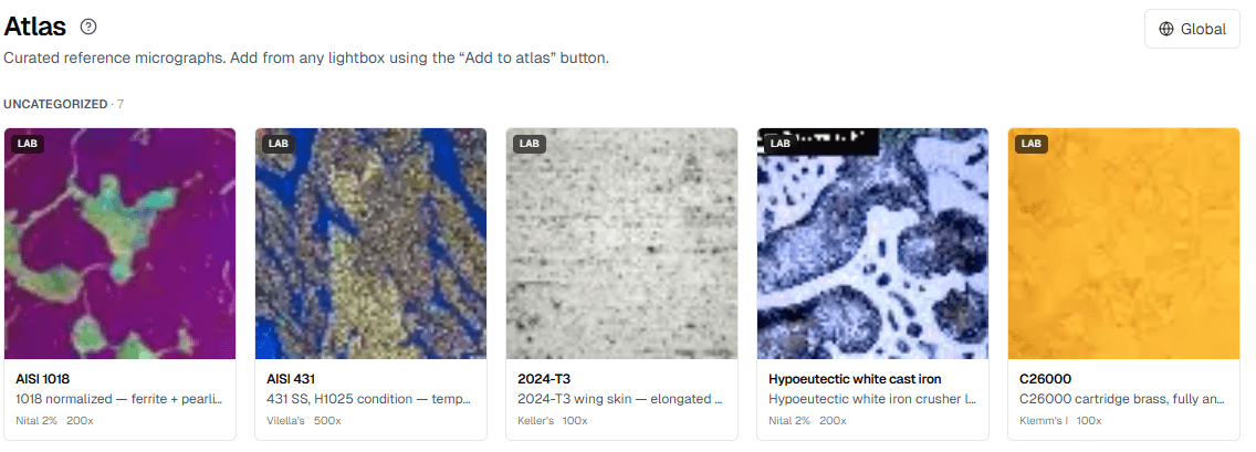 Materials Prep Atlas browse view: a row of micrograph thumbnails labeled with alloy, condition, etchant, and the recipe used to reveal each structure