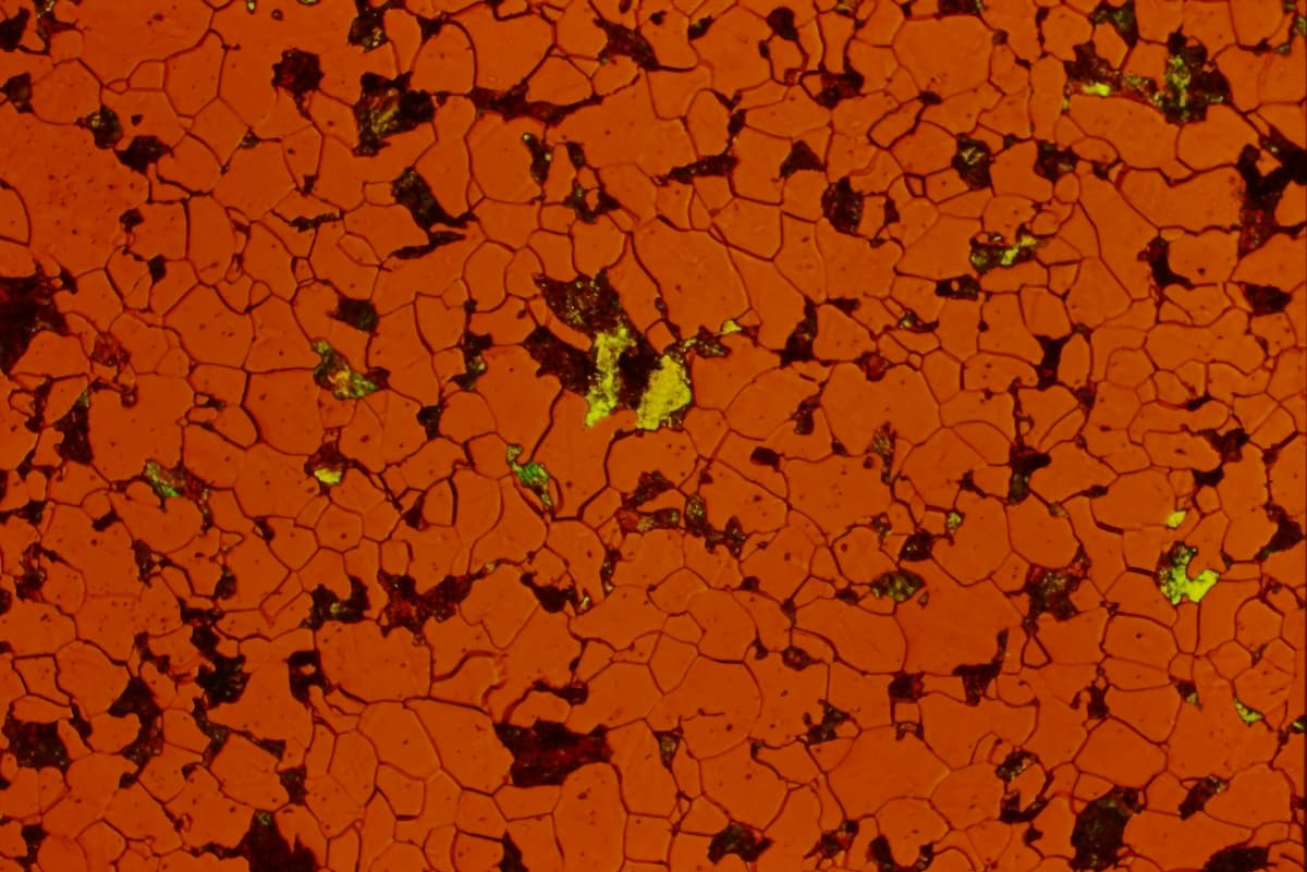 1018 Carbon steel microstructure after proper etching with 2% Nital, showing grain boundaries and structure at magnification with DIC