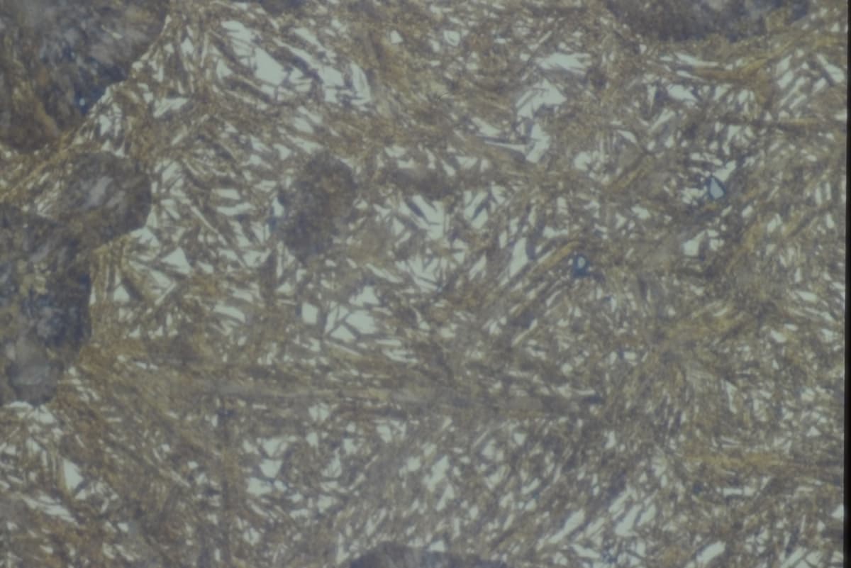 1095 Steel quenched to martensite, properly prepared and etched with Vilella's reagent at 1000X magnification