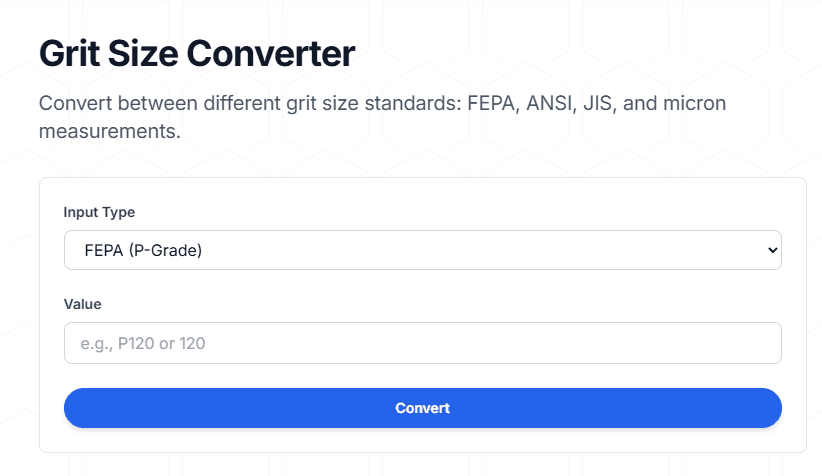 Metallographic grit size converter tool showing FEPA, ANSI, JIS grit size conversion for grinding and polishing procedures in sample preparation