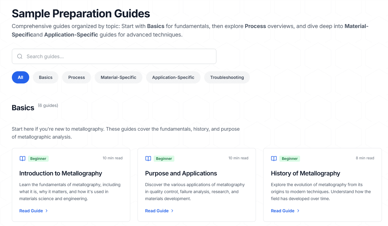 Metallography guides page preview showing sample preparation guides, material-specific procedures, grinding polishing etching techniques, and metallographic resources